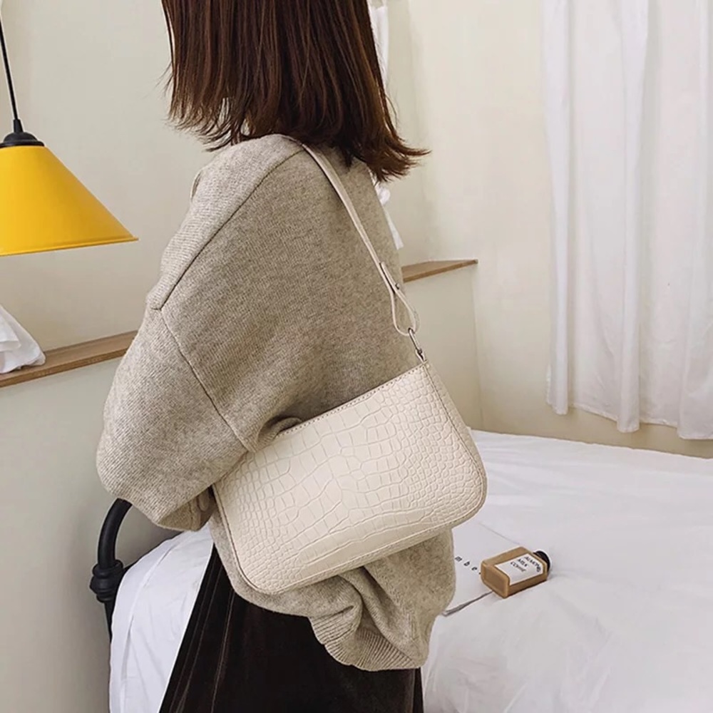New White Vintage Inspired Baguette Crocodile Purse